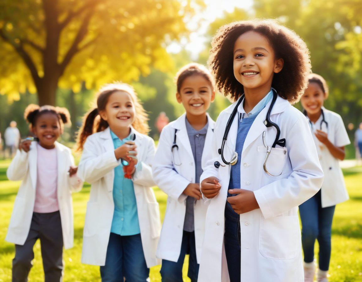 A diverse group of happy children playing in a sunny park, surrounded by greenery. A friendly pediatrician in a white coat, holding a stethoscope, smiles warmly at the kids. Include elements of health check-ups like height measurement and vaccine syringes in the background subtly. vibrant colors. super-realistic.