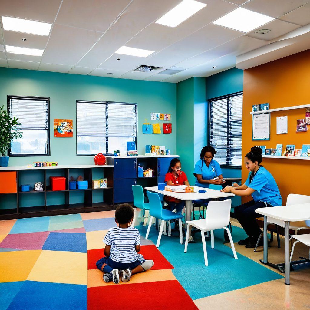 A cozy, welcoming pediatric clinic with children of diverse backgrounds playing happily. Doctors and nurses engage warmly with both kids and parents, emanating professionalism and care. A backdrop of Texas landmarks subtly incorporated to signify location. super-realistic. vibrant colors. friendly atmosphere.