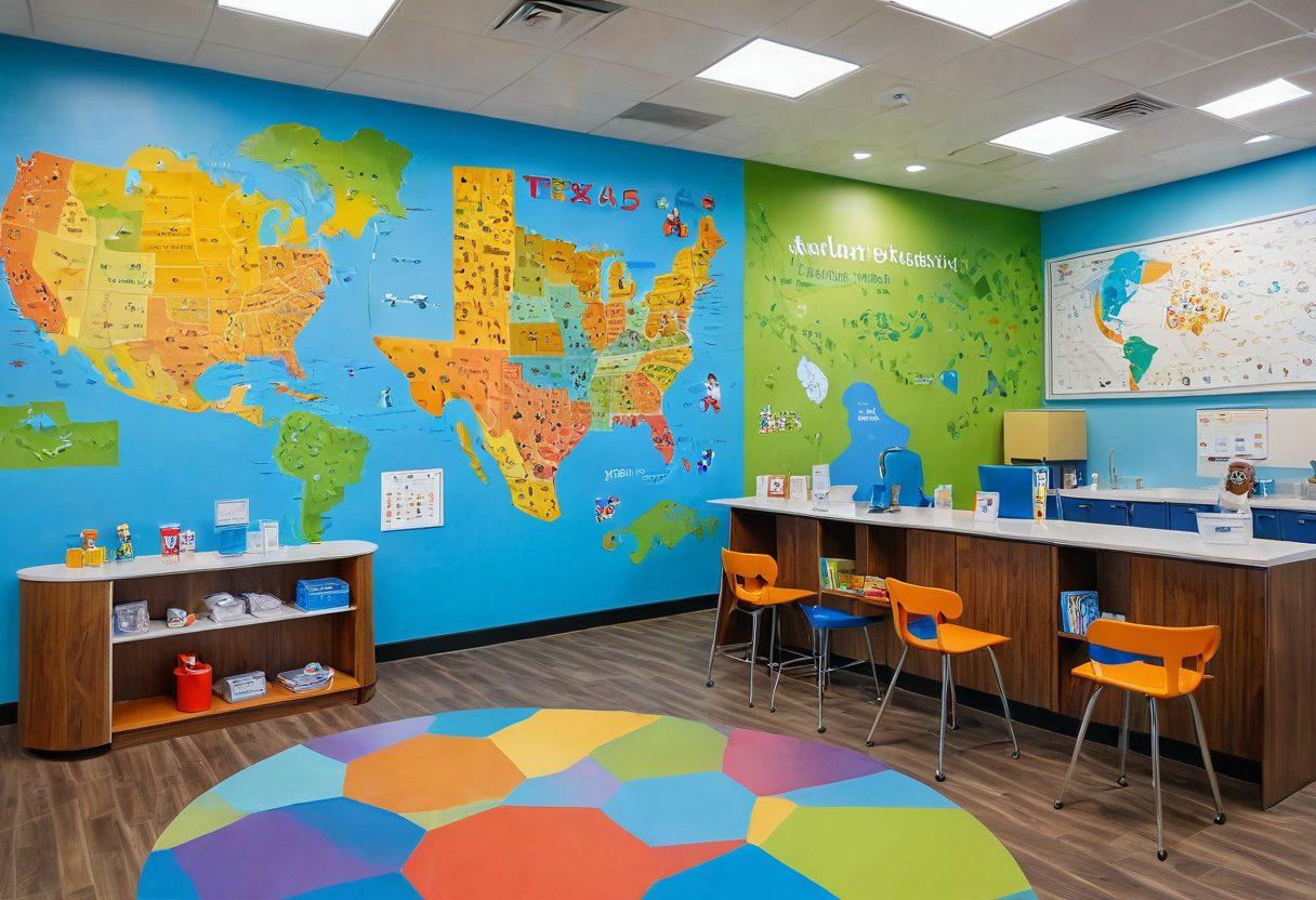 A cheerful and welcoming pediatric clinic in Texas with children playing and doctors engaging with their young patients. Highlight Texan elements like a map of Texas on the wall and a friendly atmosphere. Include a diverse group of families and staff to emphasize inclusivity and comprehensive care. Vibrant colors, super-realistic, warm lighting.
